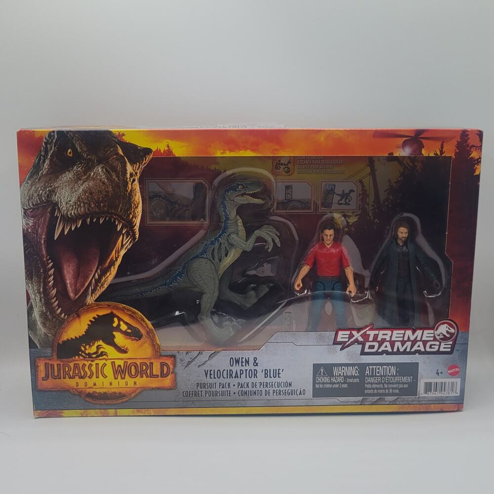 New Mattel Jurassic World Owen Grady & Velociraptor Blue Action Figure Toy Set